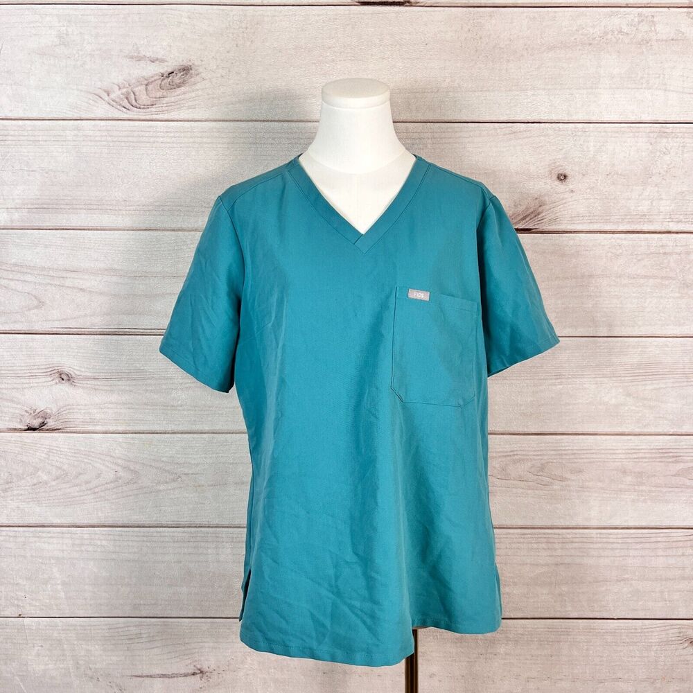 Figs Catarina Scrub Top Womens L Teal Short Sleeve Stretch Medical Nurse Uniform